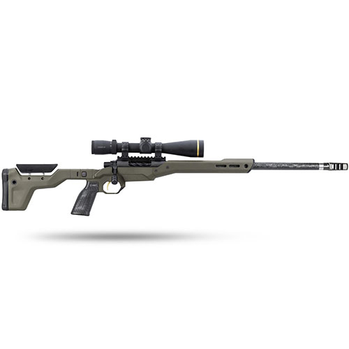 The MDT HNT 26 Chassis offers a lightweight, snag-free design with carbon fiber construction, adjustable cheek riser, and AICS magazine compatibility for hunters.